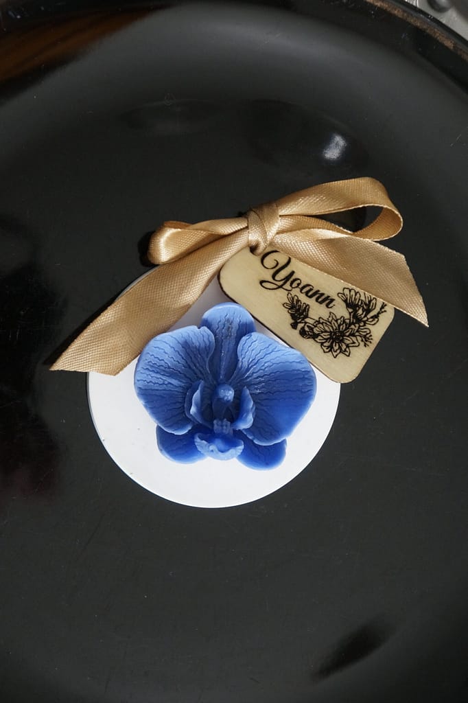 cadeaux invités élégants en gypse et fleur d'orchidée en cire de soja